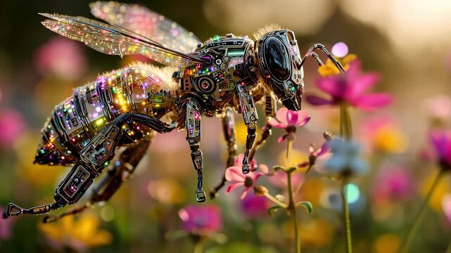 A robot bee gathers nectar from various flowers in a garden under bright sunlight