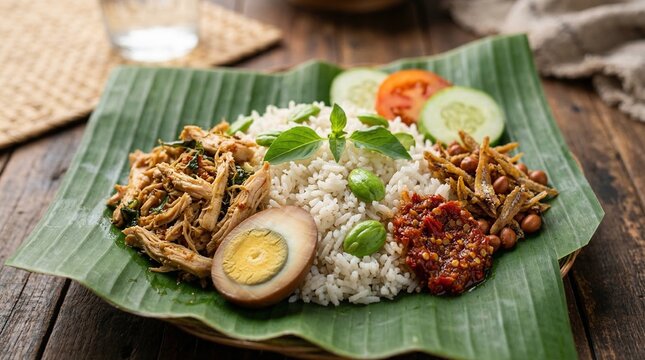 Authentic Savory Nasi Liwet with Shredded Chicken, Anchovies, and Sambal on Banana Leaf