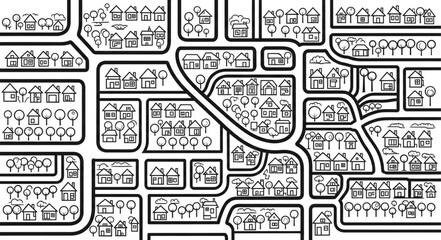 Detailed Black and White Map of a Suburban Neighborhood.