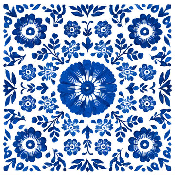 isolated clipart image of grids gouache blue and white borders strips floral folk geometric pattern tile vector icon monochrome simple logo for kids on a w