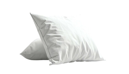 Two white, fluffy pillows, one angled against the other, set on a solid black background