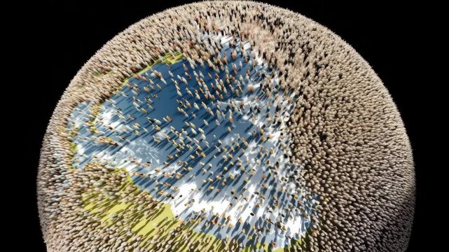 A crowd simulation representing the worlds population across different regions while focusing on the earths surface and geography