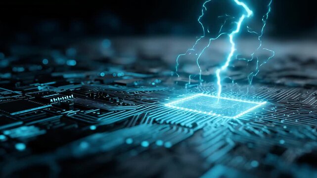 A bolt of lightning strikes a computer circuit board, illuminating the area with bright blue light in a dim setting