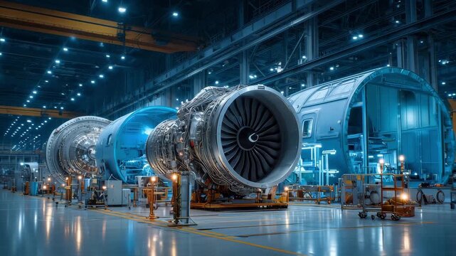 Aircraft engines are assembled inside a large factory with advanced machinery and bright lighting