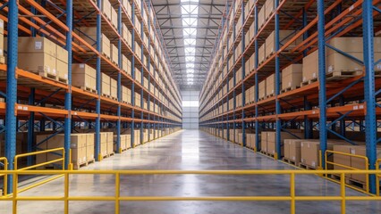 Large industrial warehouse interior with high racks and stacked cardboard boxes,logistics distribution center storage facility and supply chain management concept