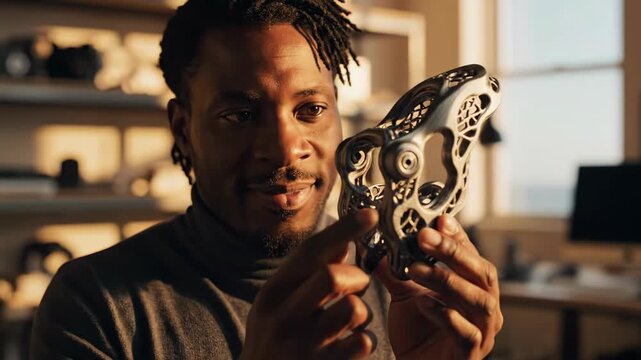 African American designer holding 3D printed part. Man examining intricate prototype in modern office. Concept of additive manufacturing and product innovation process.