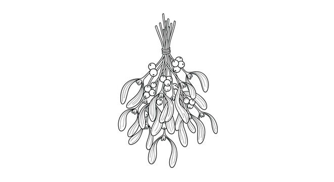 Traditional bunch of mistletoe with berries and leaves tied together in a classic hand drawn black and white botanical sketch.