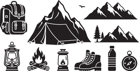 Fototapeta premium Camping and hiking icons in black and white color
