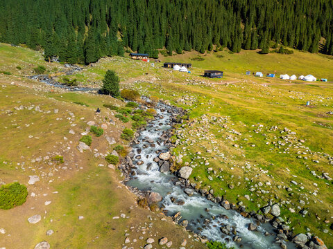 Aerial view of Altyn Arashan Gorge, Issyk-Kul Region, Kyrgyzstan