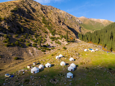 Aerial view of Altyn Arashan Gorge, Issyk-Kul Region, Kyrgyzstan