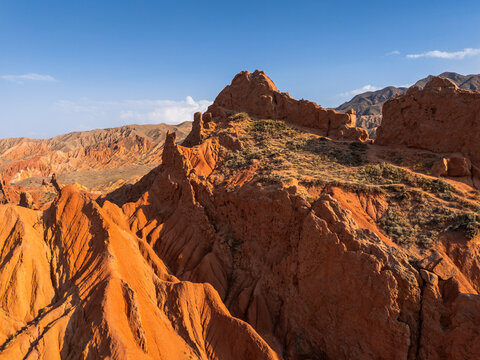 Aerial view of Colorful Desert Formations in Fairy Tale Canyon, Kyrgyzstan