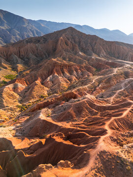 Aerial view of Colorful Desert Formations in Fairy Tale Canyon, Kyrgyzstan