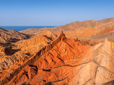 Aerial view of Colorful Desert Formations in Fairy Tale Canyon, Kyrgyzstan