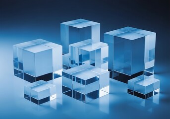 Obraz premium Glass cubes of various sizes on reflective surface with blue gradient background