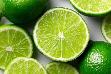 Fresh Green Lime Halves and Whole Lime on White Background