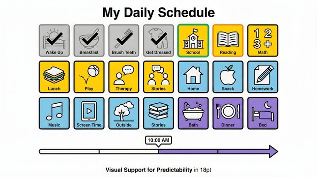 Visual daily schedule board with colorful icons representing activities like homework school reading meals play and sleep set against a clean white background with a timeline