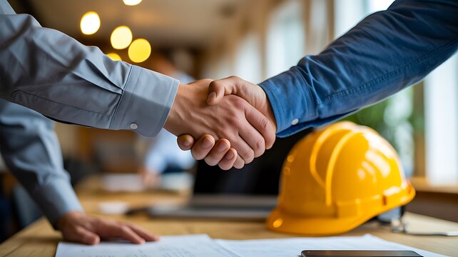 Business handshake agreement with construction safety helmet on desk symbolizing partnership in construction industry