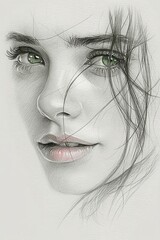 Obraz premium Realistic pencil portrait of young woman with green eyes. Artistic hand drawn illustration on paper. Beauty, art, drawing and creative concept.
