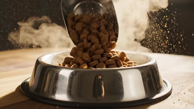 Hand pouring dry dog kibble into metal pet bowl. Sequence of pet feeding process with falling food particles. Concept of preparing meal for canine companion