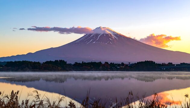 A majestic mountain looms, its peak capped with snow, reflecting calmly in a misty lake at dawn. A vibrant sky glows orange