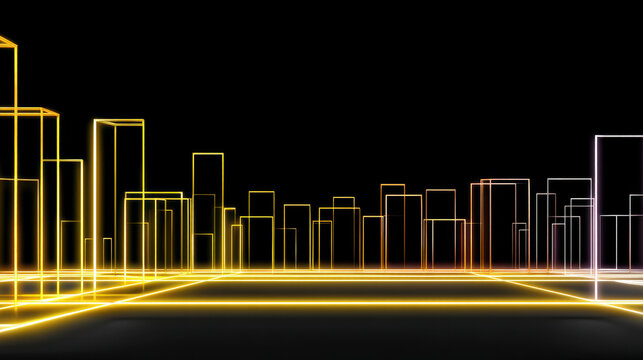 Neon abstract digital lines create glowing cityscape with geometric shapes, futuristic style, and vibrant yellow and white colors