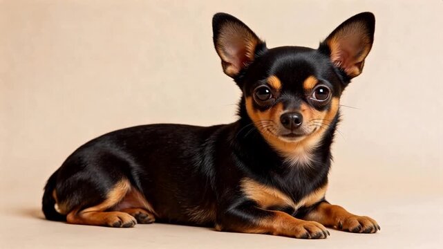 Adorable black and tan Chihuahua puppy lying on beige background, alert expression, large ears, studio portrait &mdash; perfect for pet, lifestyle, and commercial use.