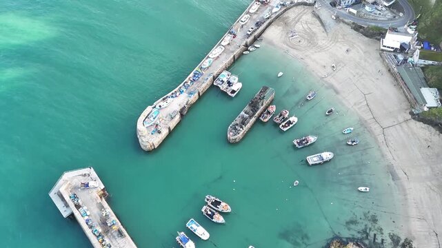 Aerial view Over Newquay harbour In Cornwall, UK.