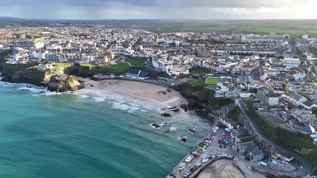 Aerial view Over Newquay harbour In Cornwall, UK.