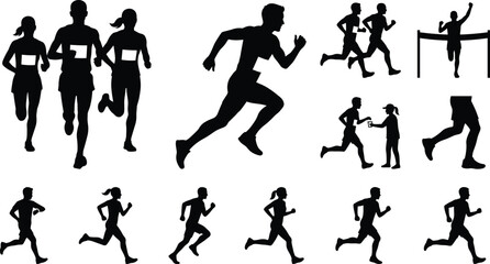 Fototapeta premium Professional Marathon Running Icon Set Featuring Athletes Sprinting Jogging Race Finish Line and Group Training Silhouettes for Fitness and Sport