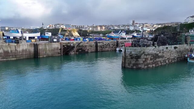 Aerial view Over Newquay harbour In Cornwall, UK.