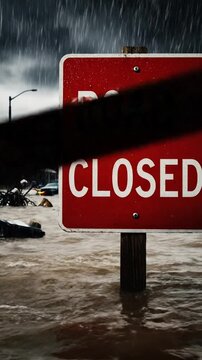 Flooded street with road closed sign in heavy rain