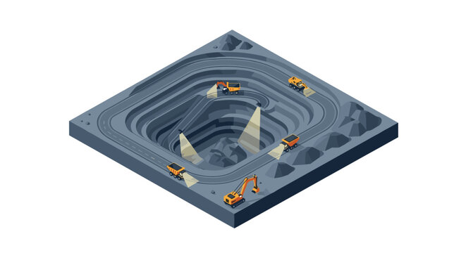 Isometric open-pit mine with trucks and excavators operating in a quarry.