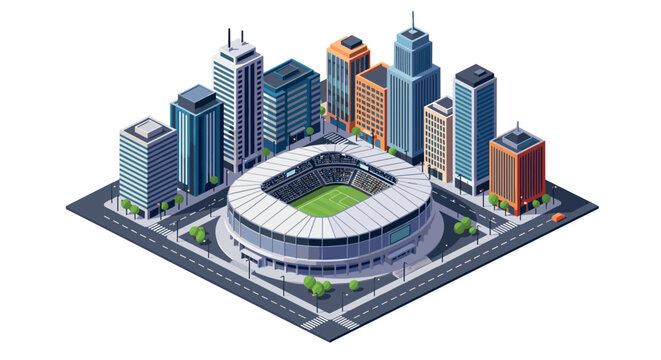 Modern isometric cityscape with stadium and high-rise buildings
