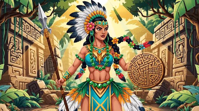 Mayan woman in traditional attire standing.