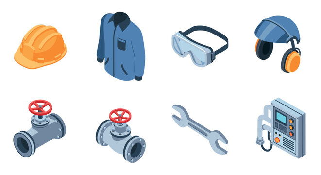 Industrial safety equipment isometric icons: helmets, goggles, ear protection, valves, tools