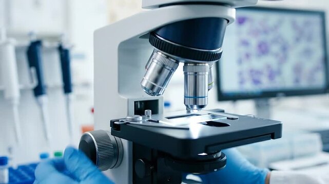 Pharmacogenomics microscope slide laboratory scientist gloved hands analyzing sample microscope revealing cellular detail and research focus