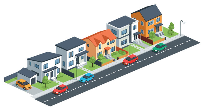 Modern isometric neighborhood with colorful houses and cars on a city street