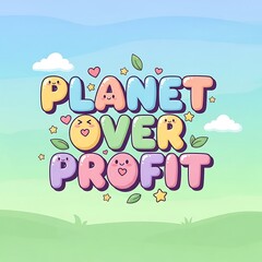 Fototapeta premium Planet Over Profit environmental message, cute kawaii bubble lettering with smiling faces, eco-friendly activism concept in pastel colors