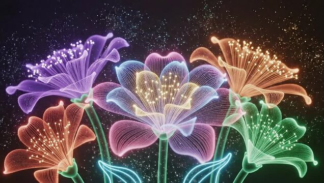 Glowing Fiber Optic Flowers Blooming in a Dark Environment.