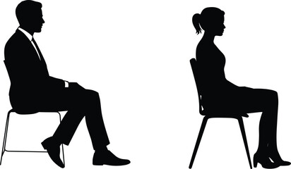 Business man and woman sitting on chairs in profile silhouette isolated on white background, corporate interview or meeting concept