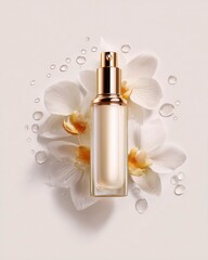 Naklejka premium Luxury cosmetic pump bottle with white orchid flowers and water droplets. Aesthetic 3D visualization of a premium serum or essence for organic beauty, hydration, and botanical skincare concept