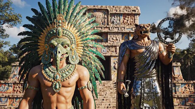 Mayan warriors standing in front temple.