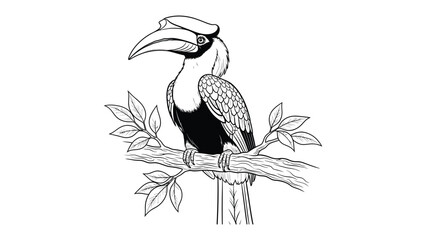 Hornbill on Branch Outline: A detailed black and white outline illustration of a majestic hornbill perched on a branch, capturing the bird's unique beak and distinctive features in a minimalist style. © Murshida