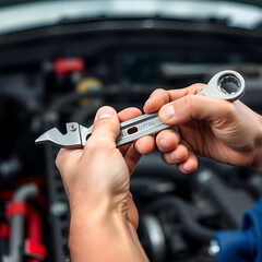 Mechanic Holding Adjustable Wrench.