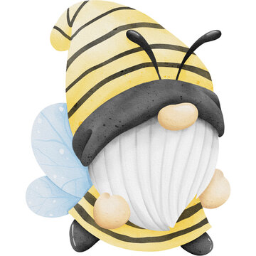 Watercolor Bee Gnome Cute Character Facing Right Clipart.