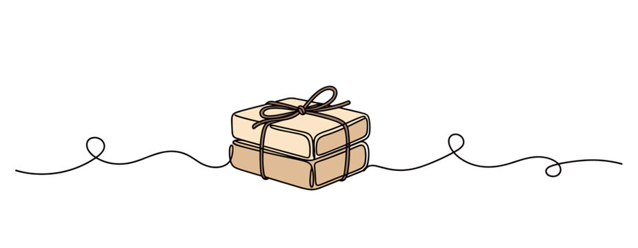 Wrapped parcel tied with string on white continuous line