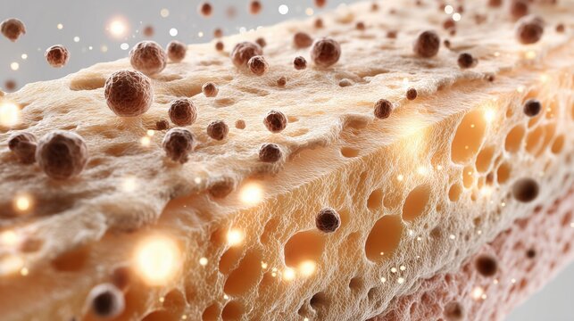 3D render of gentle AHA exfoliation reducing pigmentation on the skin surface. Upper epidermal layer is gently lifting, peeling, sliding away, while the underlying fresh skin appears smoother, brighte