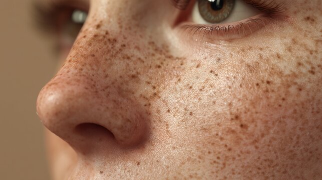 3D render of natural freckles on women facial skin. Extreme close-up macro shot of smooth cheek and nose area with clearly visible light-brown freckles scattered across the surface