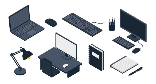 Isometric office essentials: desk, devices, and stationery in modern workspace design