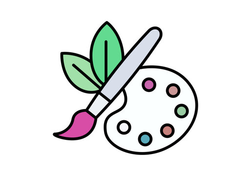 Paleta de pintor con pincel y hojas verdes que simboliza el arte ecol&oacute;gico y la creatividad natural
